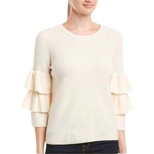 J. McLAUGHLIN Natural Merino Wool Ribbed Ruffle Sleeve Sweater